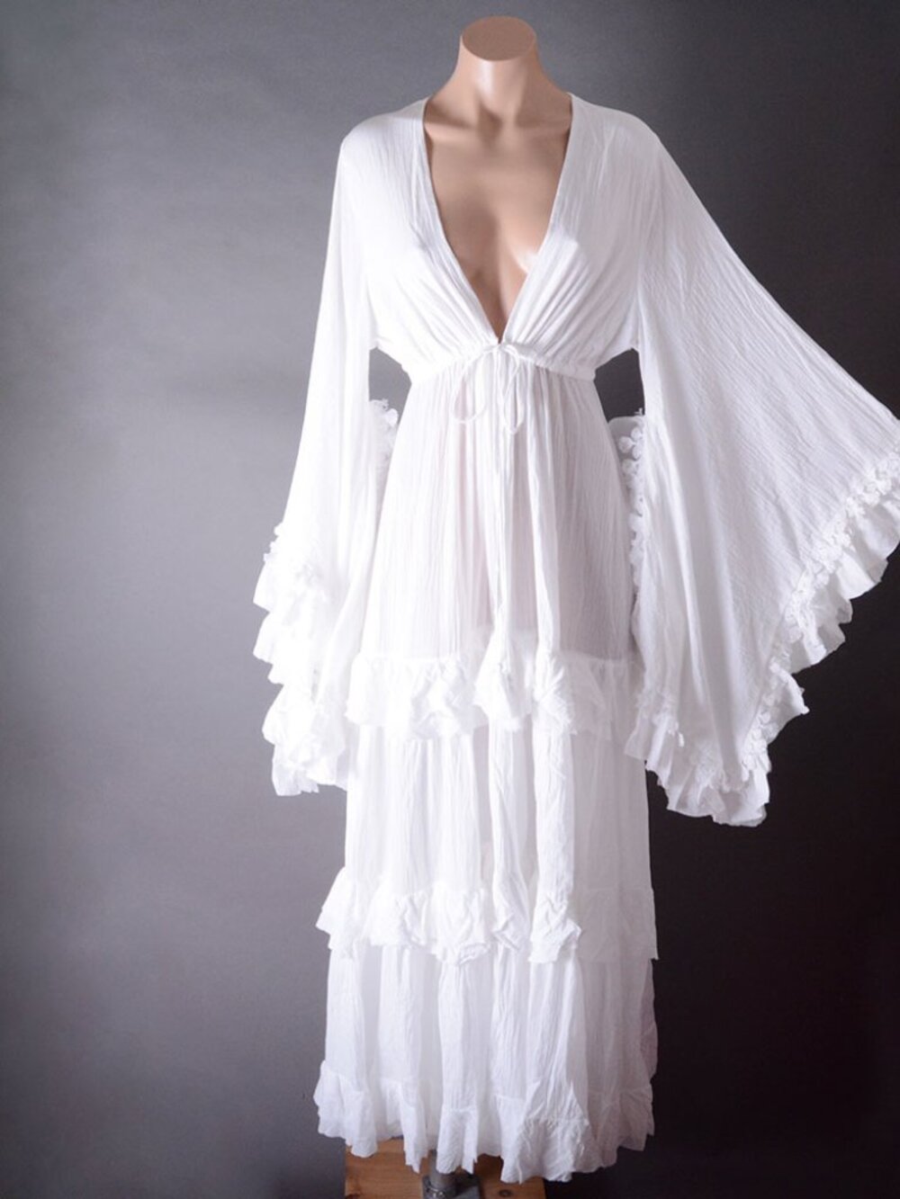 White Ruffle V Neck Boho Summer Wedding Sundress Long Sleeve Maxi Dress S M L